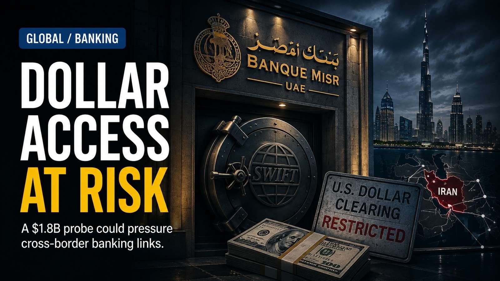 Editorial visual for A $1.8 Billion Iran Network Put Banque Misr UAE’s Dollar Access at Risk — Banks Everywhere Will Notice