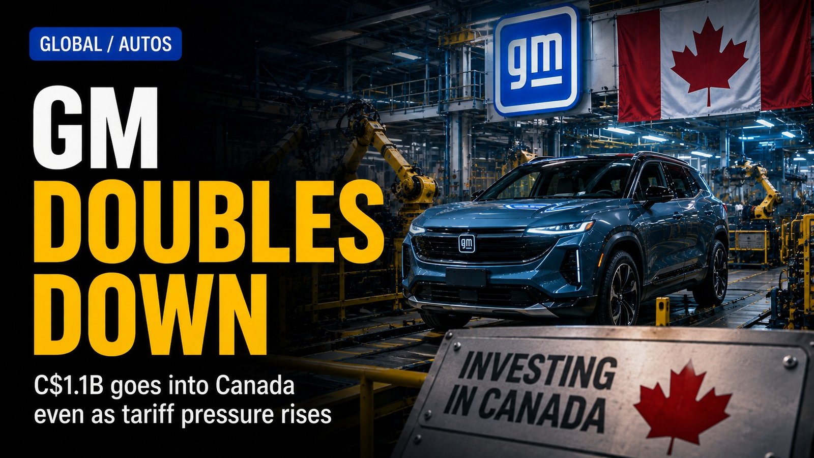 Editorial visual for GM Is Putting C$1.1 Billion Into Canada While Tariffs Rise — That Contradiction Is the Story