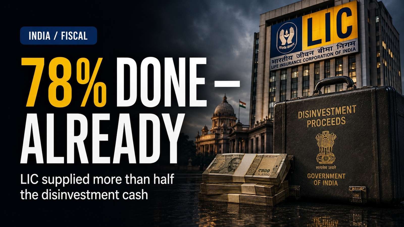 Editorial visual for India Has Already Hit 78% of Its Asset-Sale Target — One LIC Transaction Did Most of the Heavy Lifting