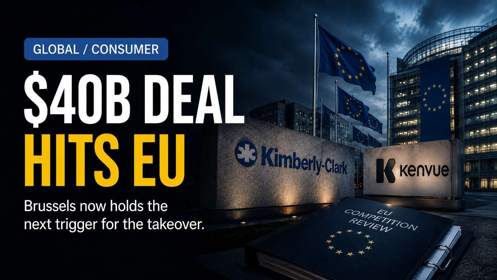 Editorial visual for Kimberly-Clark’s $40 Billion Kenvue Deal Has Reached Brussels — The $2.1 Billion Synergy Target Is Now on Trial