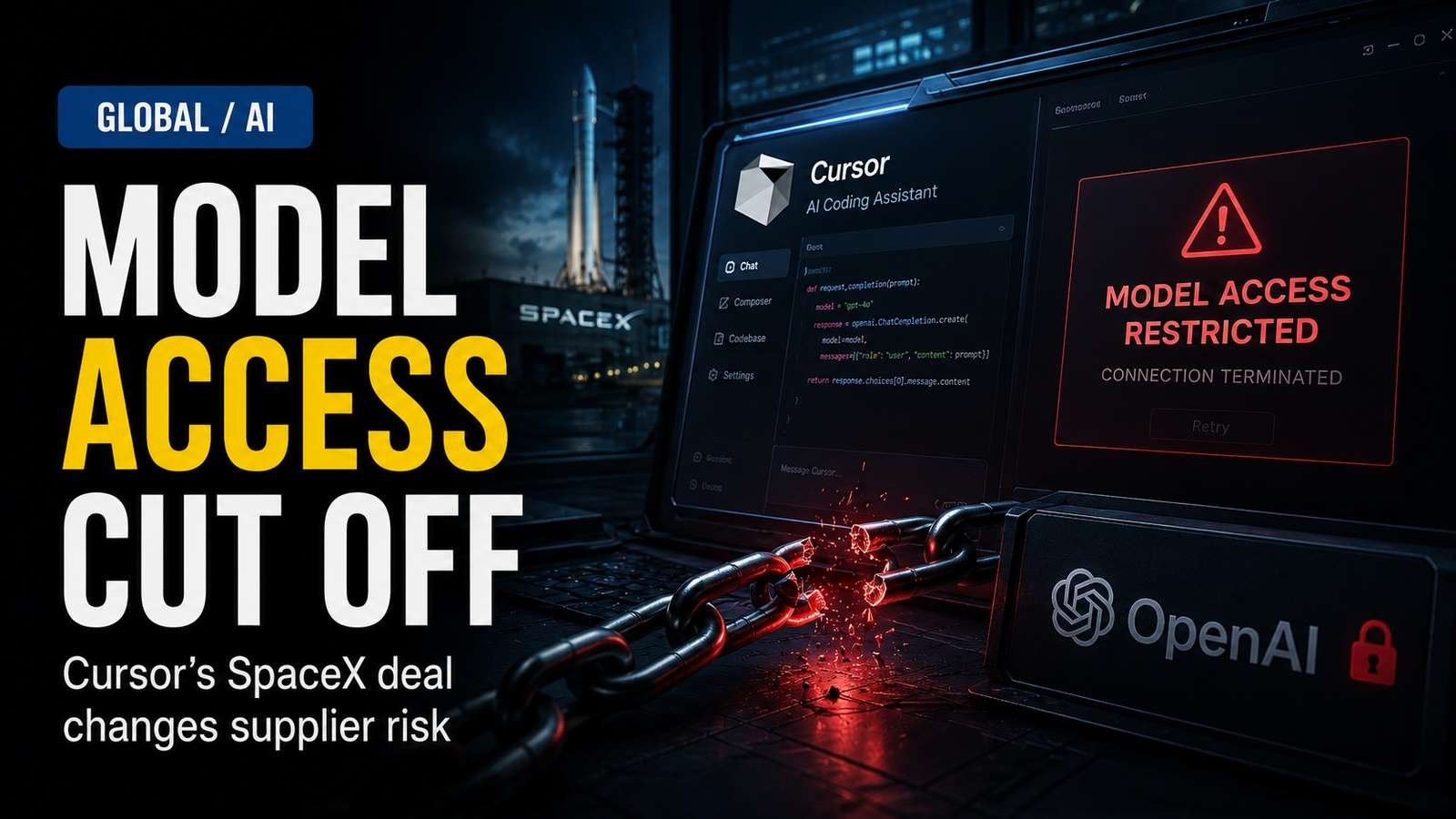 Editorial visual for OpenAI Is Cutting Cursor Off After the SpaceX Deal — AI Apps Just Got a New Dependency Risk