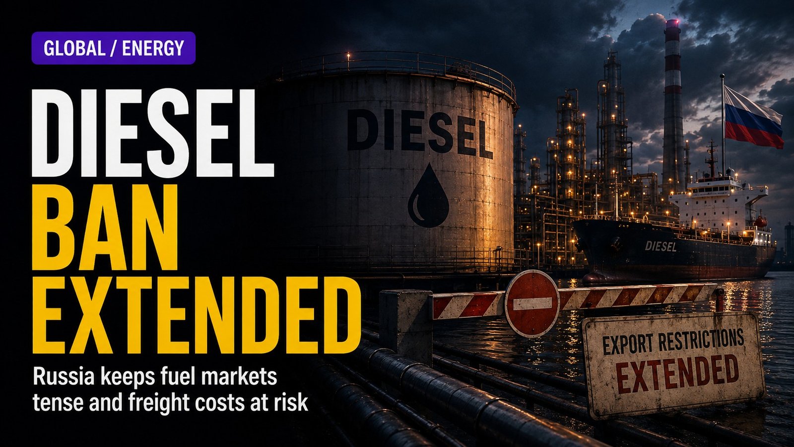 Editorial visual for Russia Extended Its Diesel Export Ban to September 30 — Crude Can Fall While Fuel Stays Tight