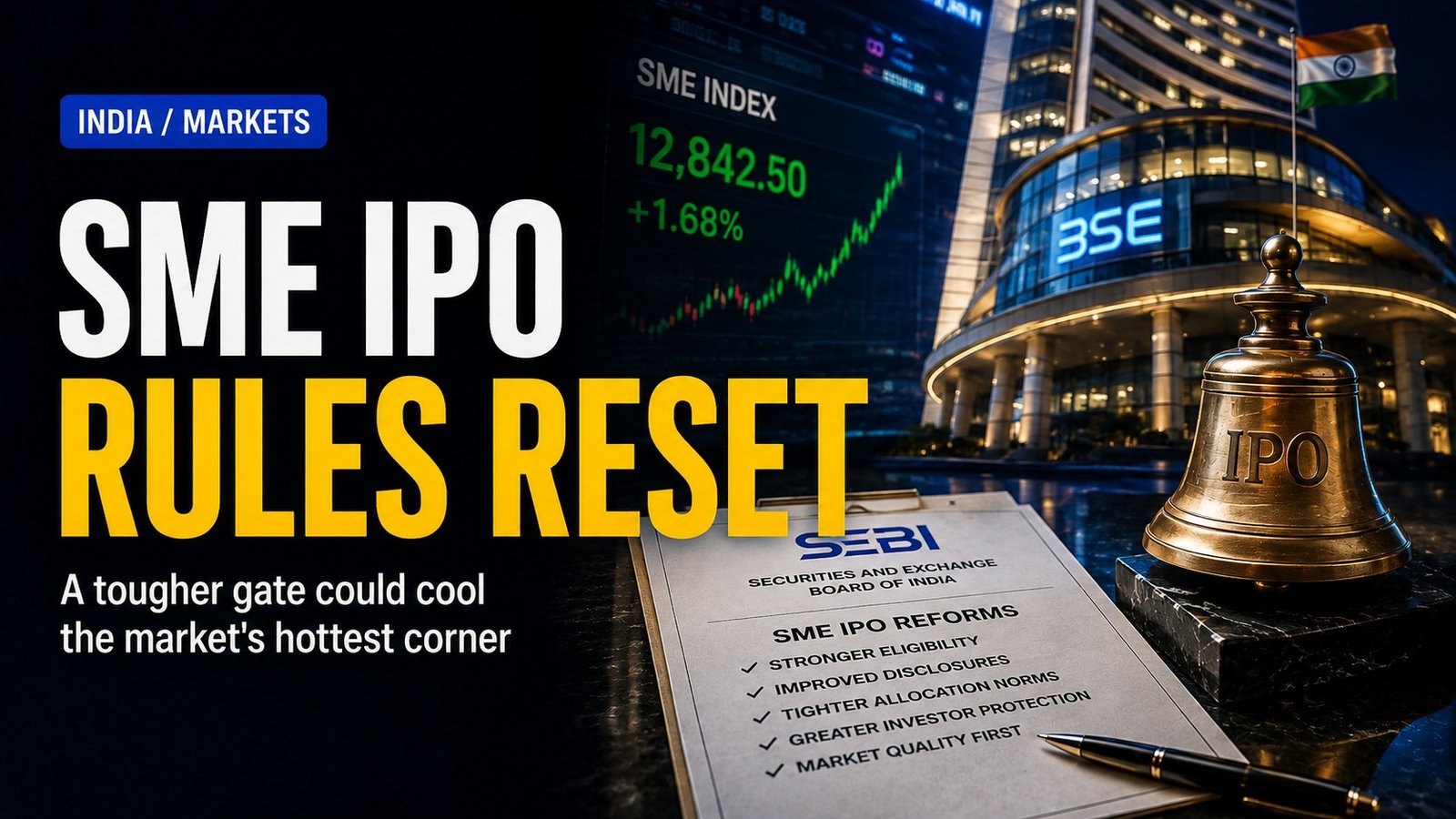 Editorial visual for SEBI May Give Institutions Half of SME IPOs — The Bigger Change Could Be Killing the ₹2 Lakh Trading Lot