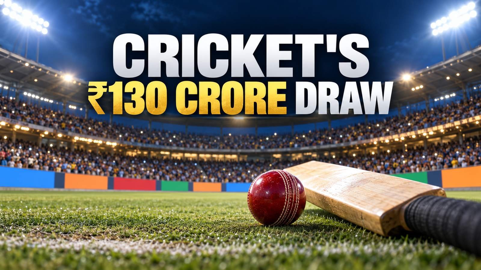 Cricket bat and ball in a floodlit stadium under the headline Cricket’s ₹130 Crore Draw