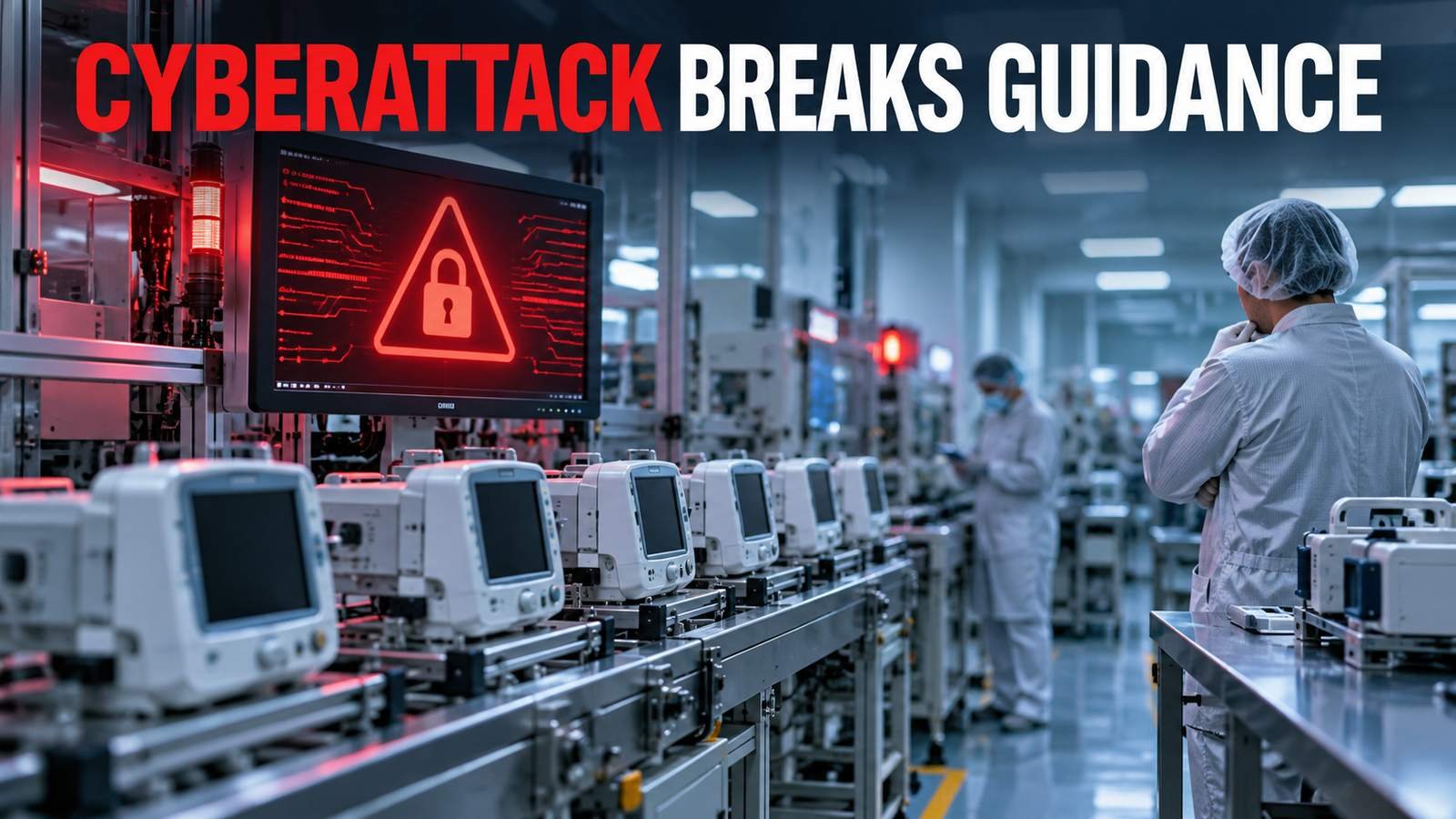 A medical-device production line paused by a cyber alert under the headline Cyberattack Breaks Guidance
