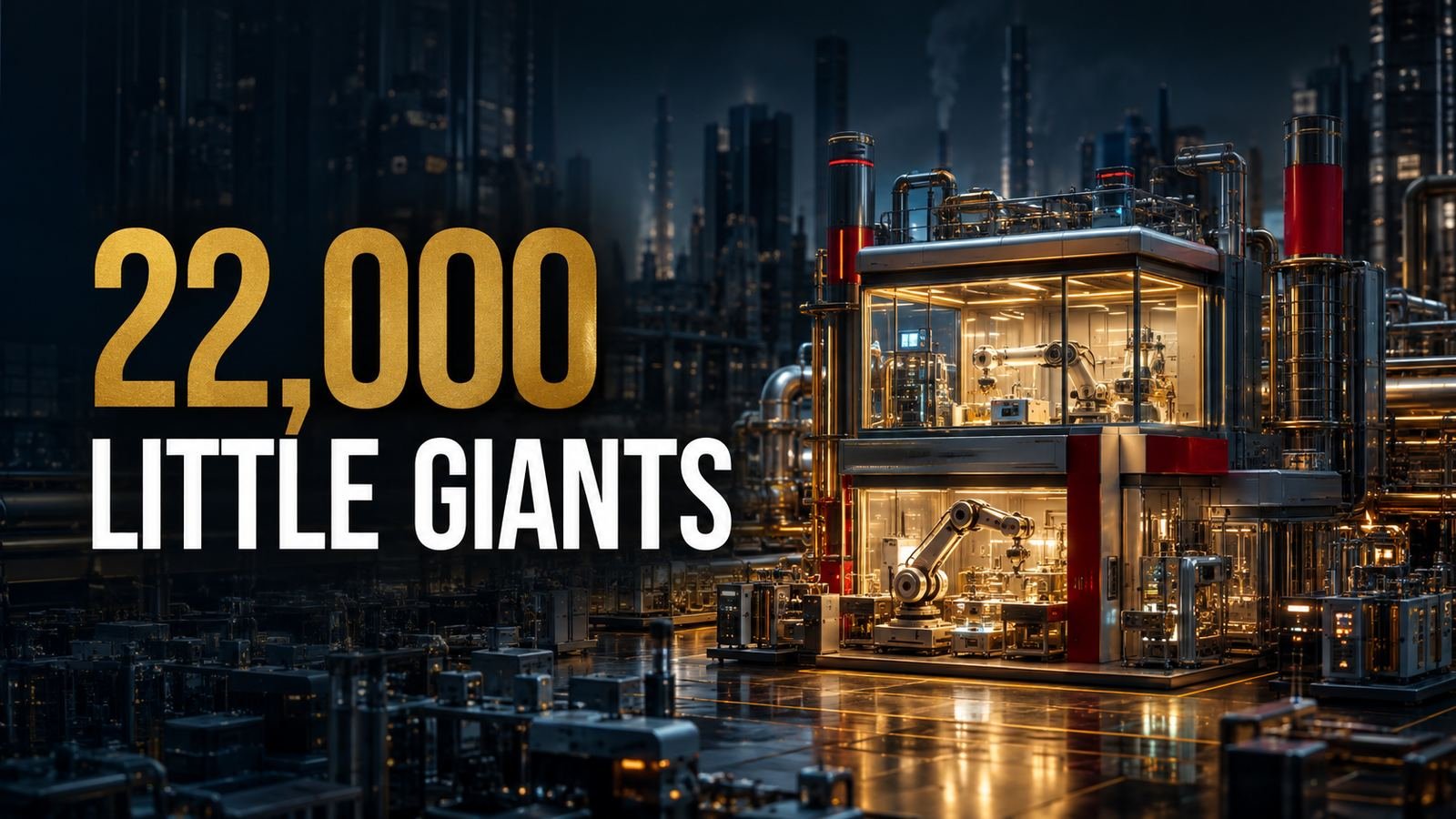 A compact advanced robotics factory rises among larger industrial towers under the headline 22,000 Little Giants