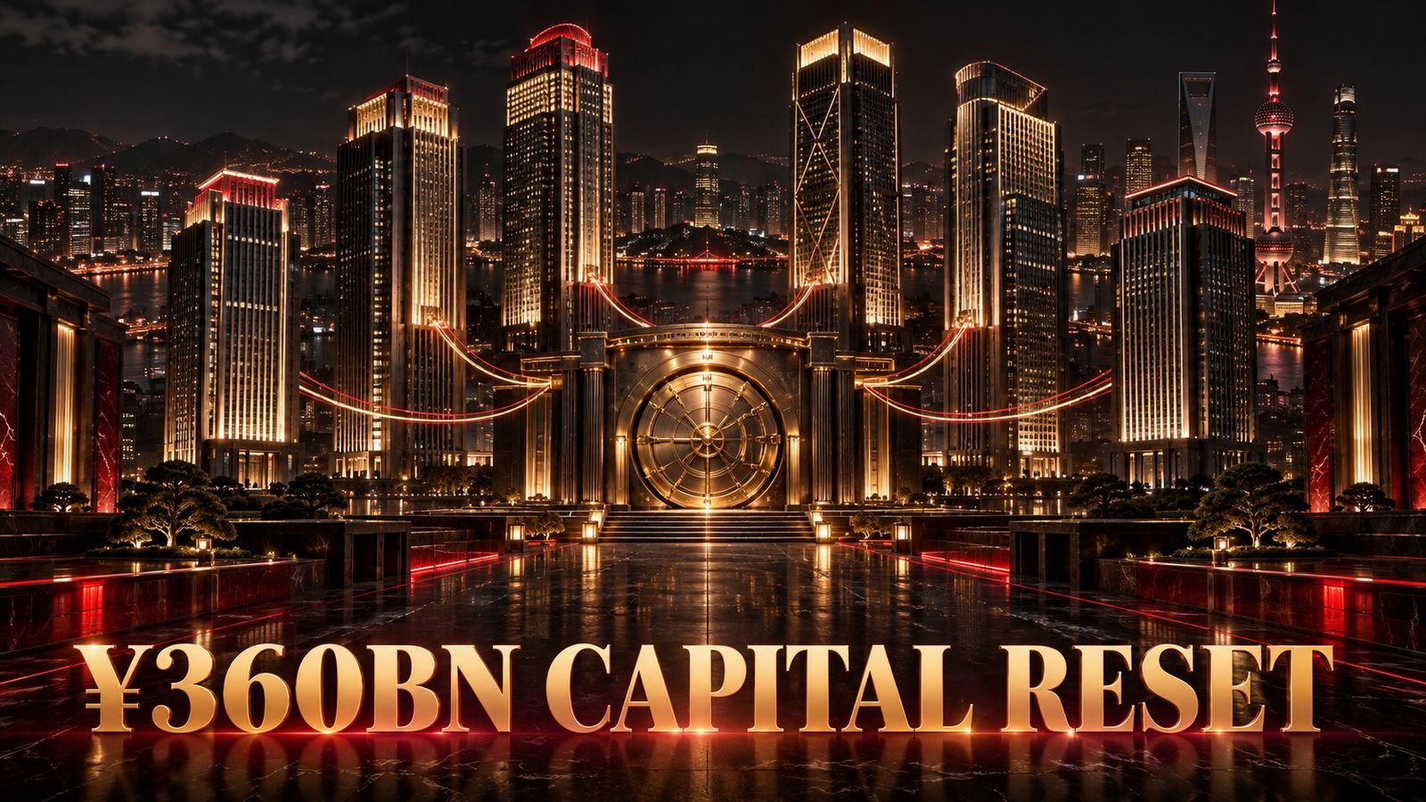 Eight Chinese financial towers connect to a central capital vault under the headline ¥360BN Capital Reset