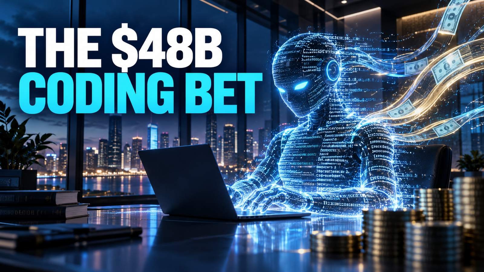 A luminous AI coding agent at a laptop under the headline The $48B Coding Bet