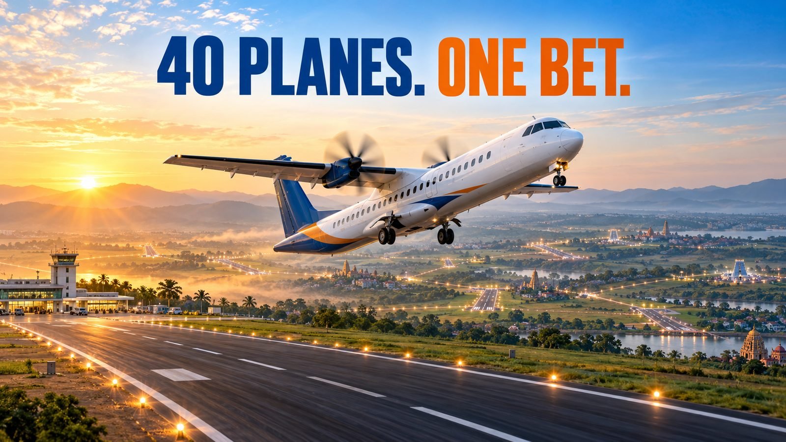 A regional turboprop lifts off from a smaller Indian airport under the headline 40 Planes. One Bet.