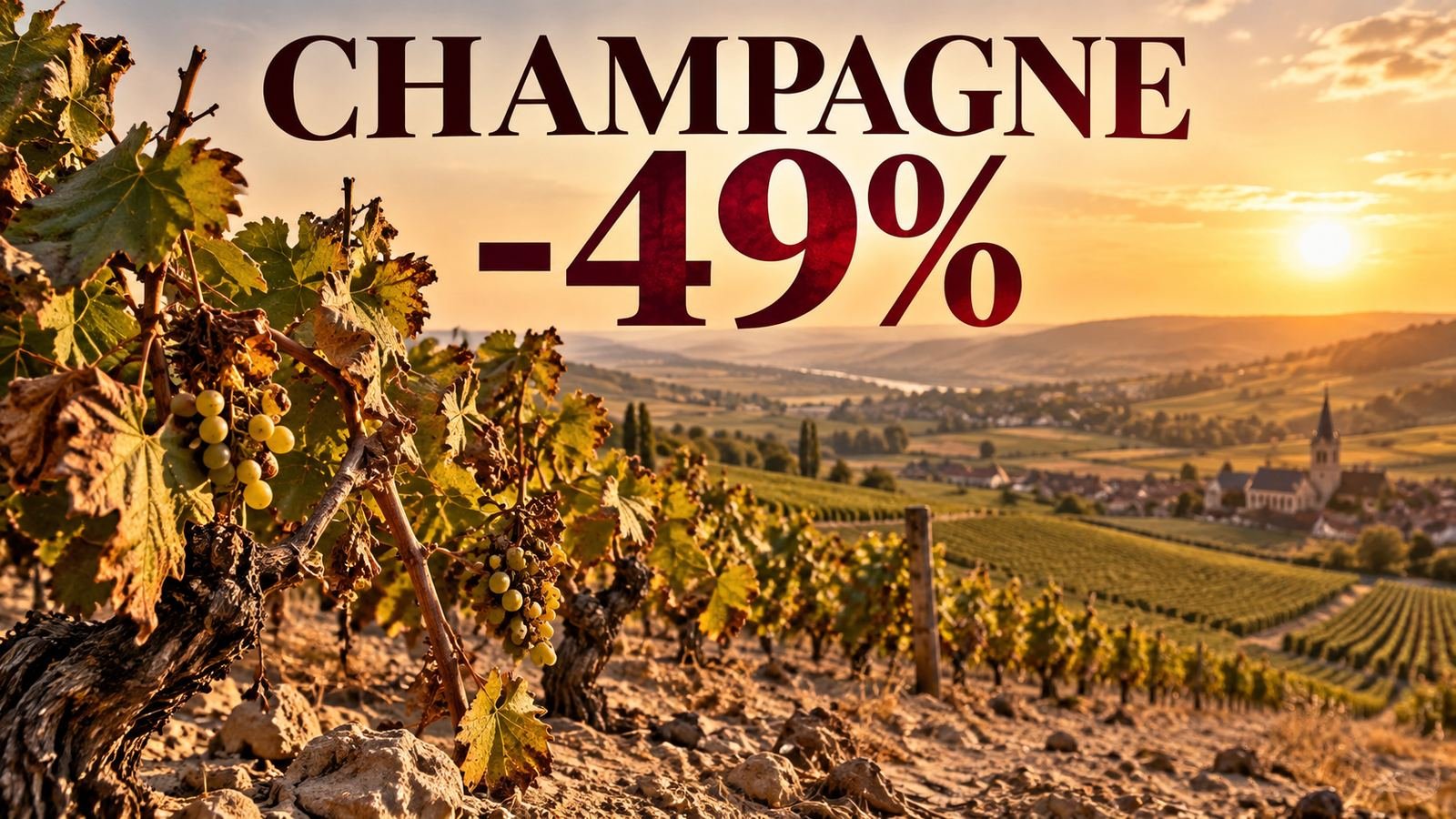 Heat-stressed vines in Champagne under the headline Champagne -49%