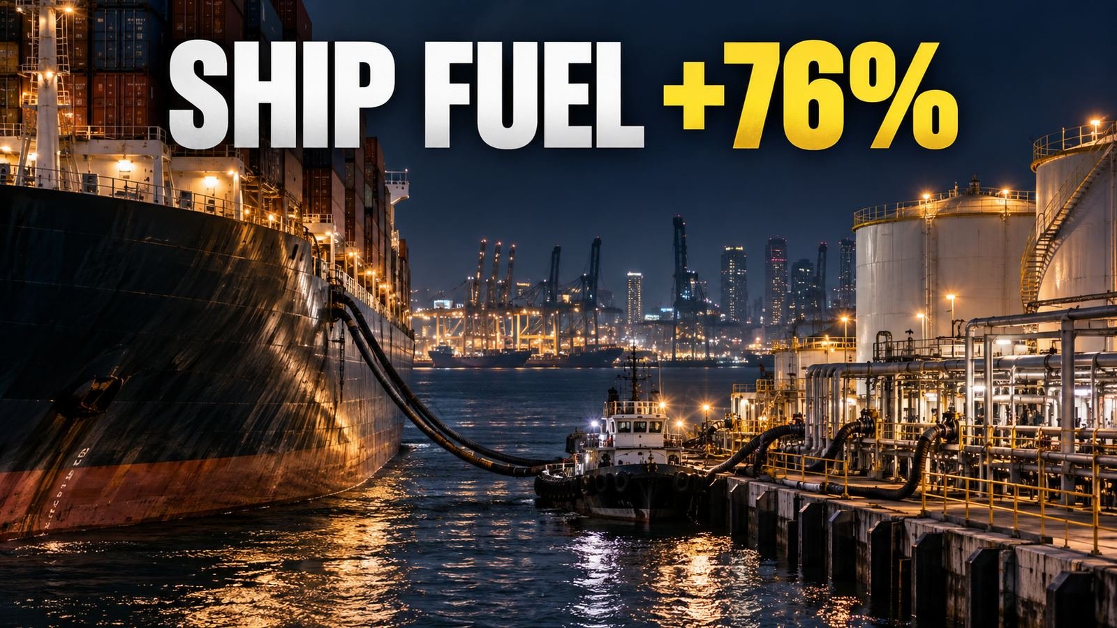 A container ship refuels at Singapore at night under the headline Ship Fuel +76%