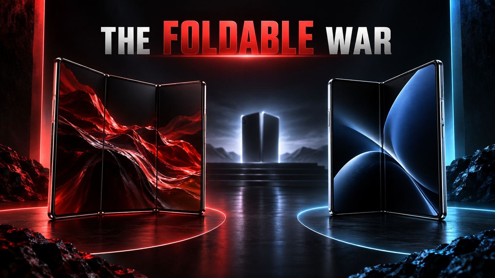 Two premium foldable smartphones face off under the headline The Foldable War