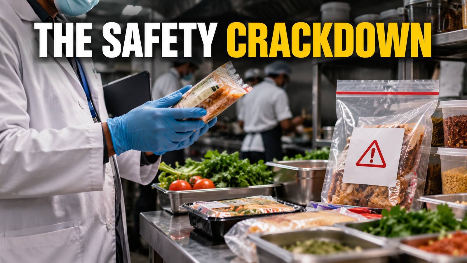 A food inspector examines packaged ingredients under the headline The Safety Crackdown