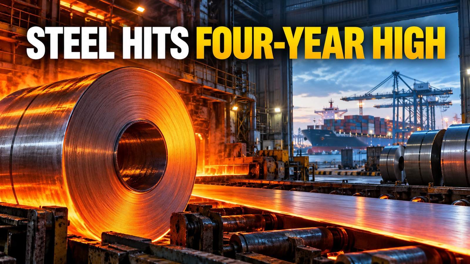 Glowing hot-rolled steel coil with a cargo port behind it under the headline Steel Hits Four-Year High