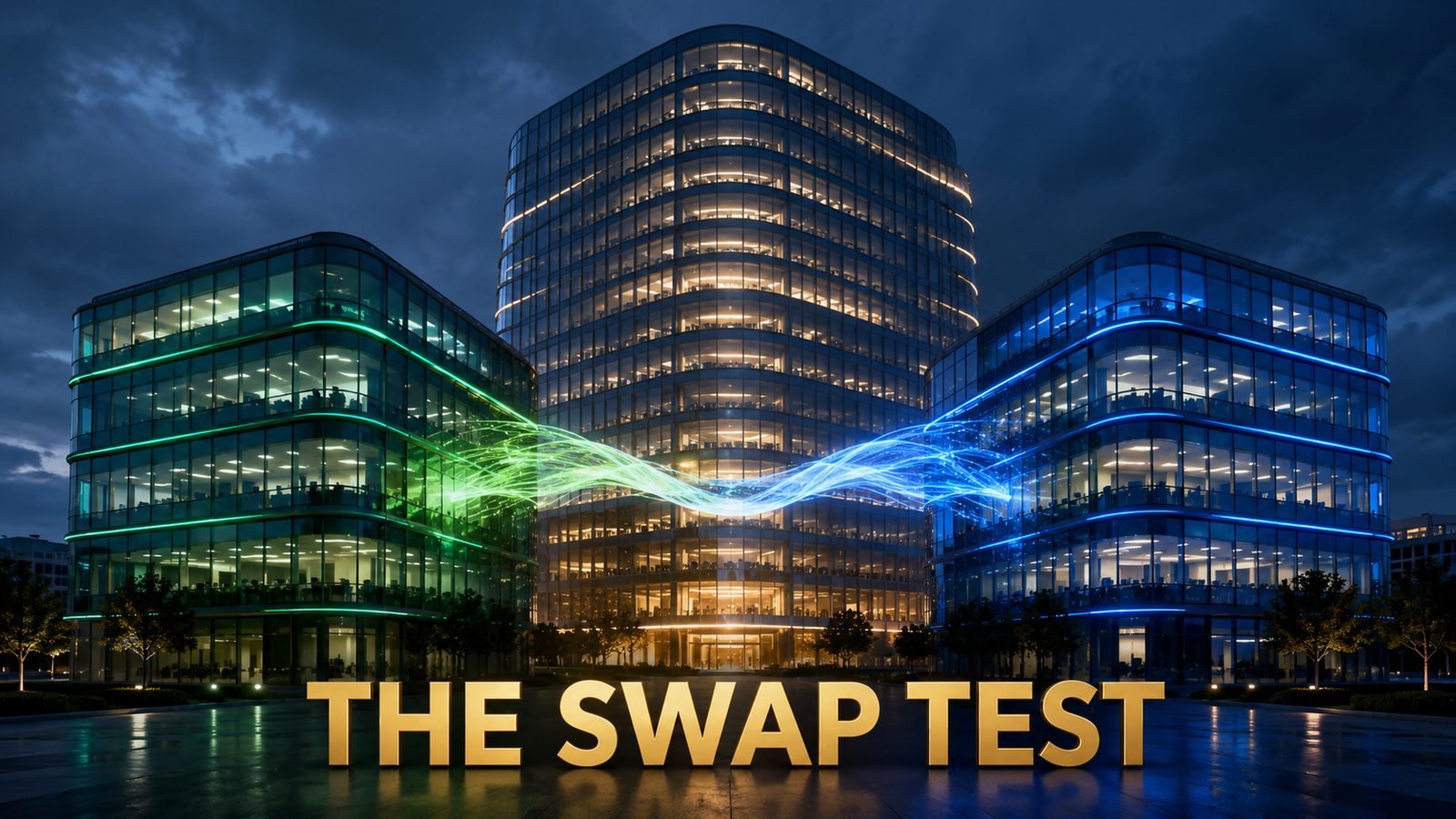 Two technology office towers linked into one larger combined company, illustrating the ITC Infotech and Happiest Minds share swap