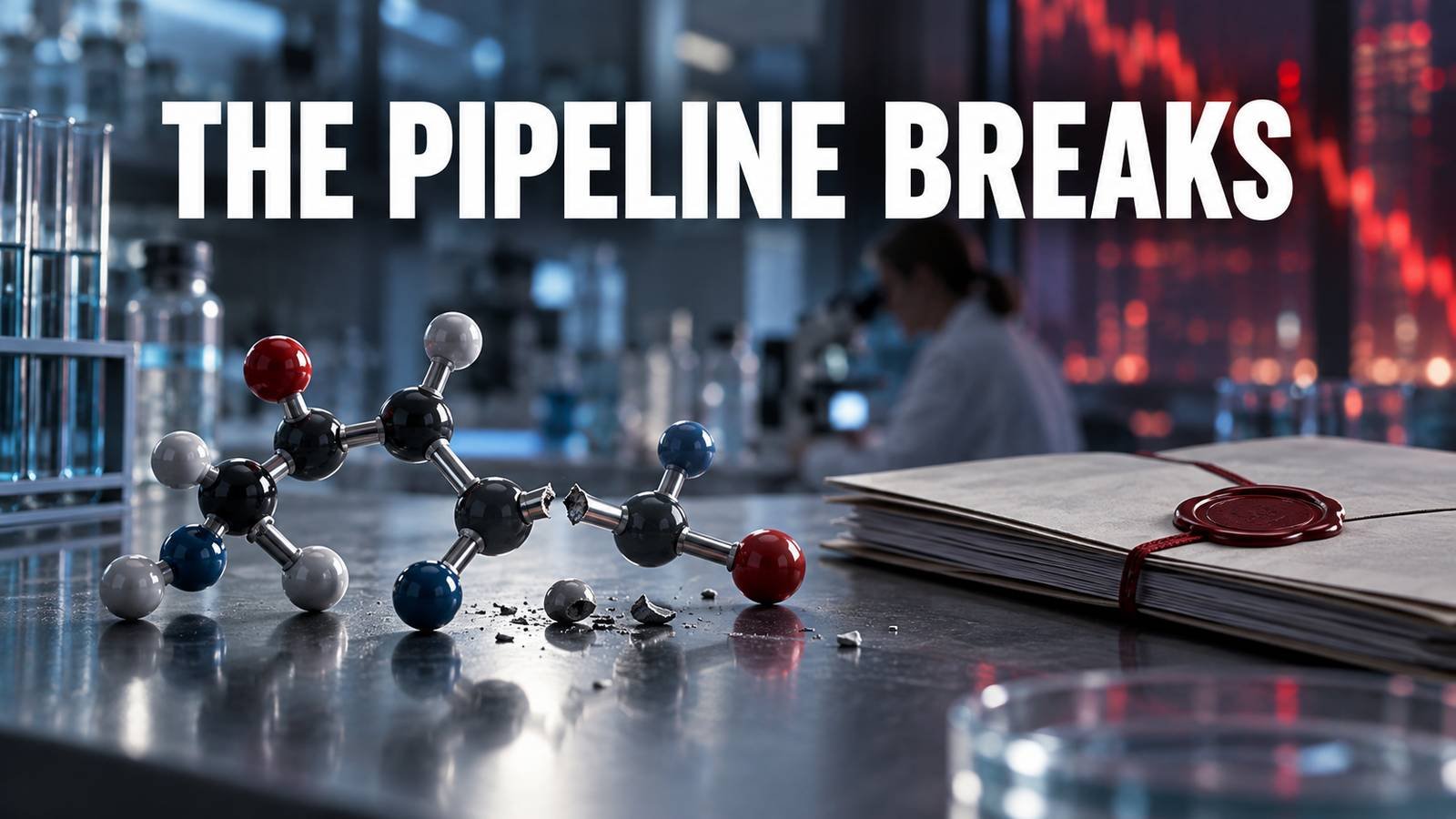 A fractured molecular model in a clinical laboratory under the headline The Pipeline Breaks