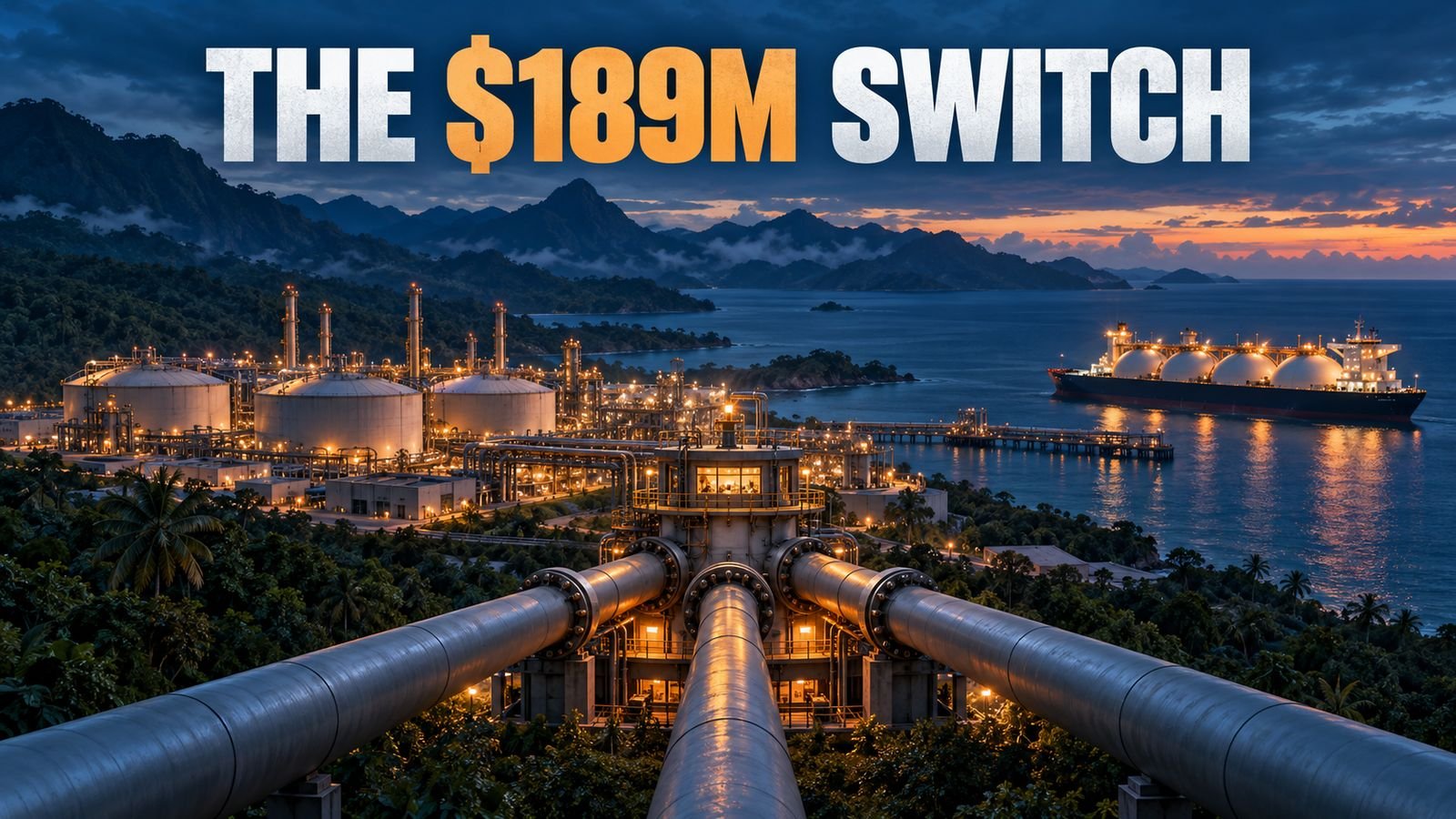 Papua New Guinea LNG pipelines converge at a coastal plant under the headline The $189M Switch