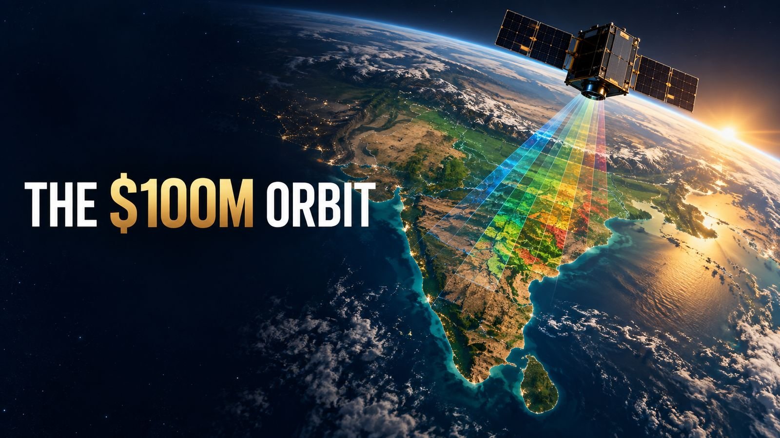 A hyperspectral satellite scans India from orbit under the headline The $100M Orbit