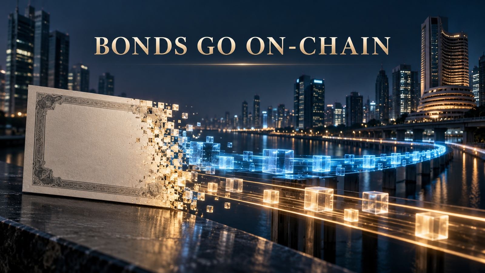 A paper bond transforms into regulated digital blocks across Mumbai under the headline Bonds Go On-Chain
