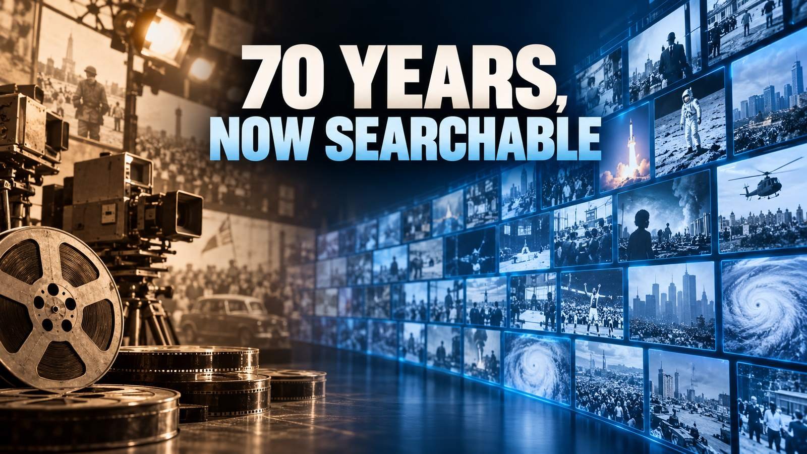 Film reels becoming a digital news archive under the headline 70 Years, Now Searchable
