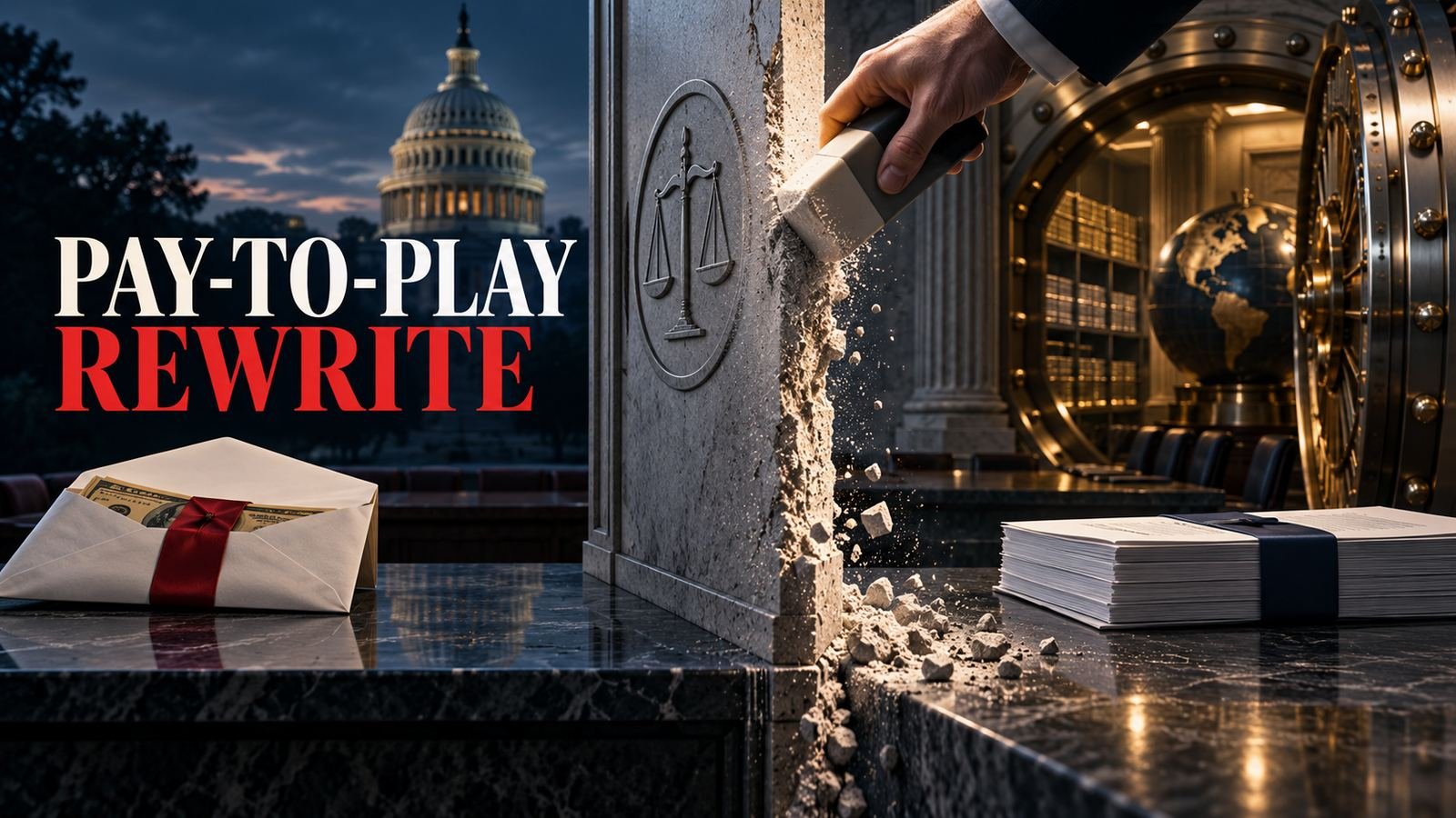 A regulatory wall between a campaign envelope and public pension vault is rewritten under the headline Pay-to-Play Rewrite