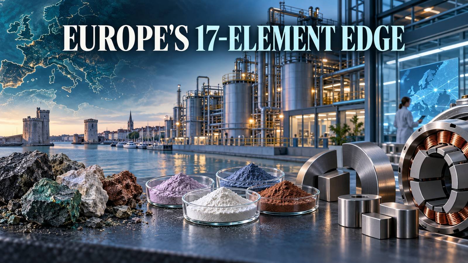 Rare-earth minerals, refined oxides and magnets at a European plant under the headline Europe’s 17-Element Edge