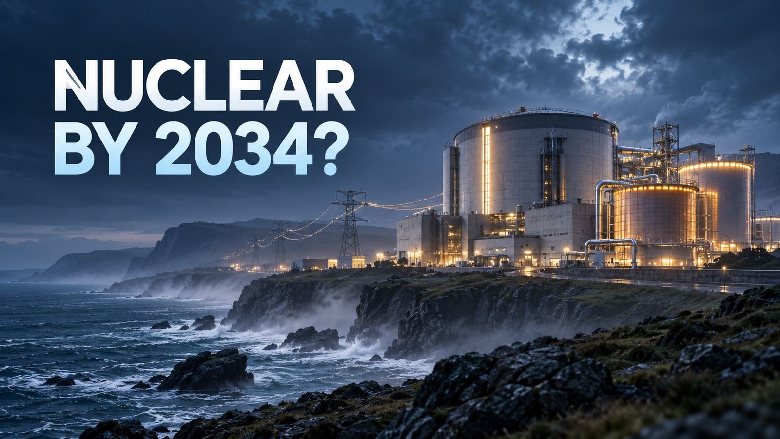 A compact advanced reactor beside a British landscape under the headline Nuclear by 2034?