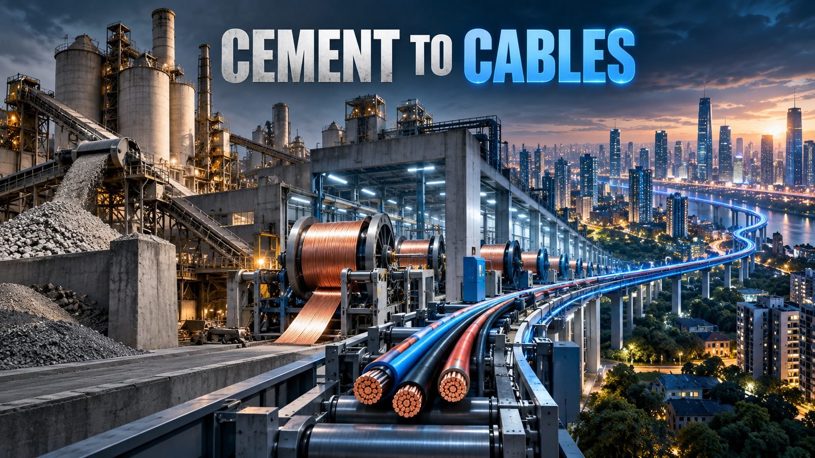 A cement complex transforms into a copper cable production line under the headline Cement to Cables