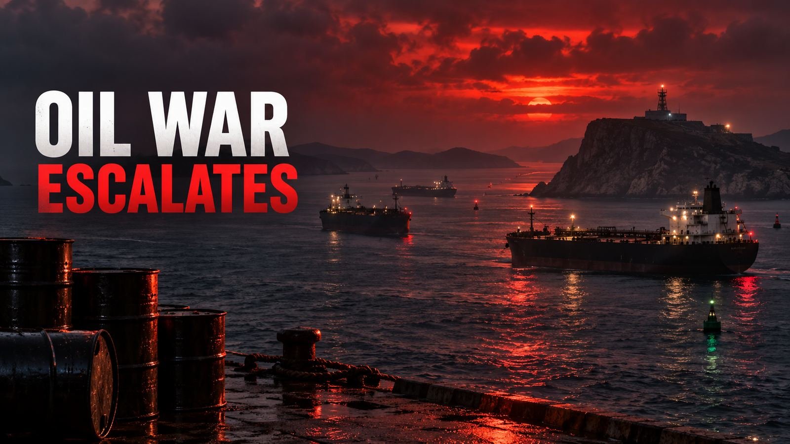 Oil tankers cross a tense strategic shipping lane near an export island under the headline Oil War Escalates